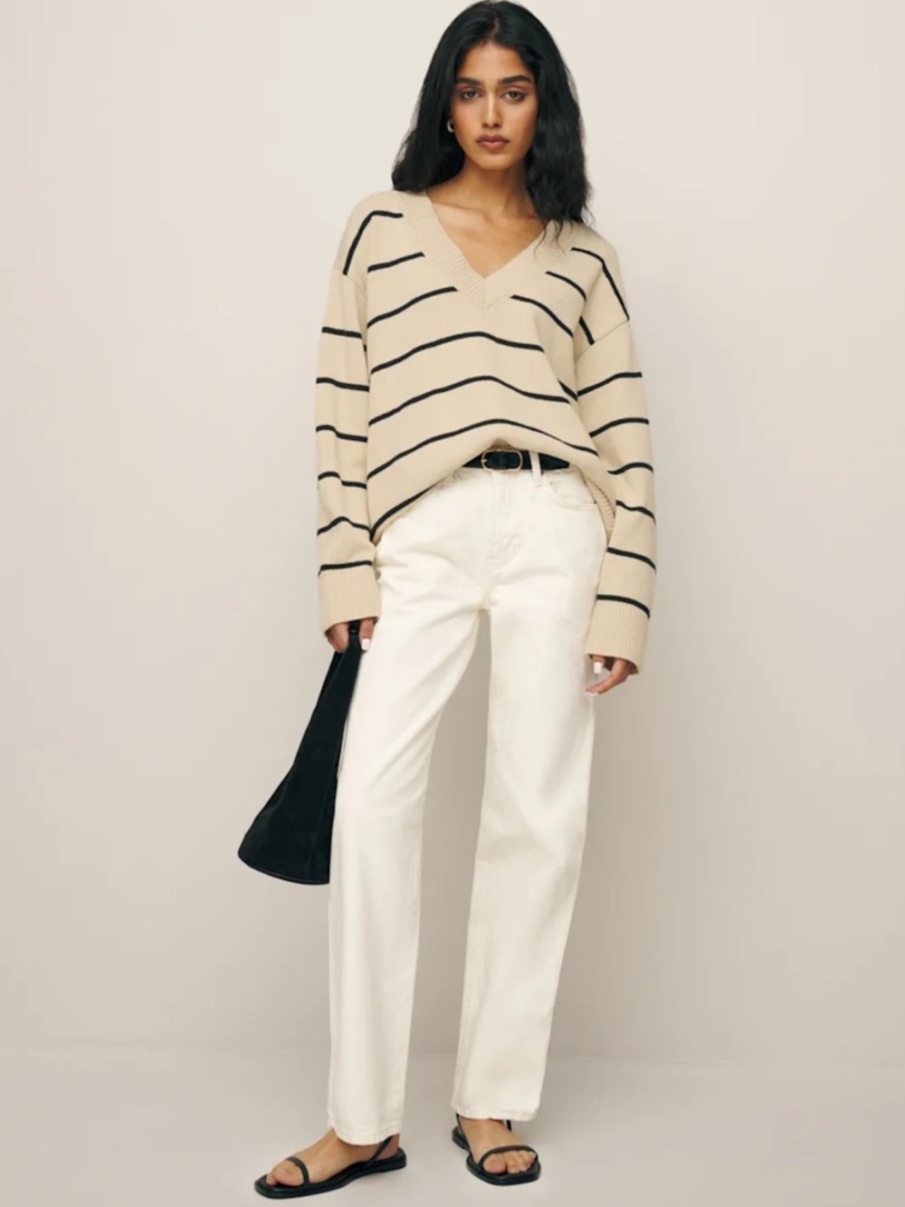 Reformation Cream and Black Striped V-Neck Sweater
